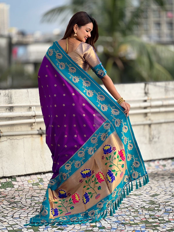 Lotus Paithani Soft Silk Saree with Gold Zari Floral Motifs & Meenakari Pallu - FREE, PURPLE RAMA