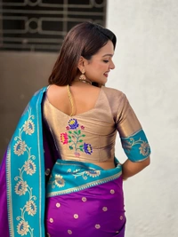 Lotus Paithani Soft Silk Saree with Gold Zari Floral Motifs & Meenakari Pallu - FREE, PURPLE RAMA