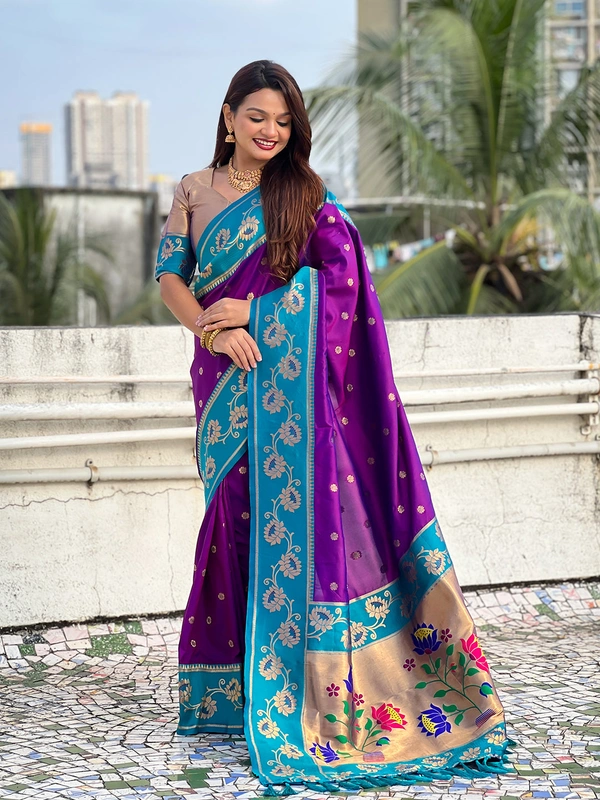 Lotus Paithani Soft Silk Saree with Gold Zari Floral Motifs & Meenakari Pallu - FREE, PURPLE RAMA