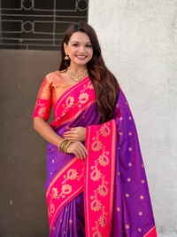 Lotus Paithani Soft Silk Saree with Gold Zari Floral Motifs & Meenakari Pallu - FREE, PURPLE PINK