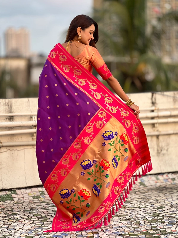 Lotus Paithani Soft Silk Saree with Gold Zari Floral Motifs & Meenakari Pallu - FREE, PURPLE PINK