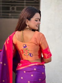 Lotus Paithani Soft Silk Saree with Gold Zari Floral Motifs & Meenakari Pallu - FREE, PURPLE PINK