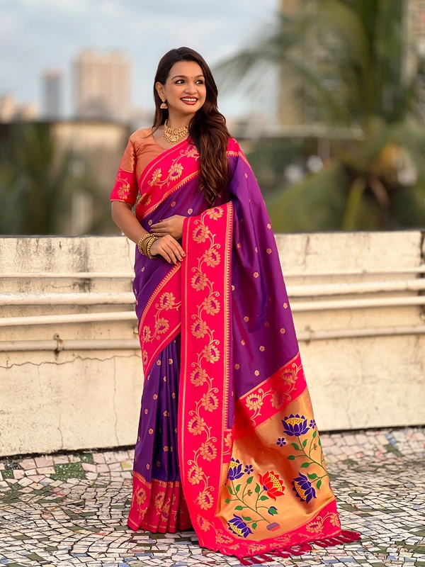 Lotus Paithani Soft Silk Saree with Gold Zari Floral Motifs & Meenakari Pallu - FREE, PURPLE PINK
