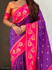 Lotus Paithani Soft Silk Saree with Gold Zari Floral Motifs & Meenakari Pallu - FREE, PURPLE PINK