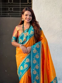 Lotus Paithani Soft Silk Saree with Gold Zari Floral Motifs & Meenakari Pallu - FREE, ORANGE