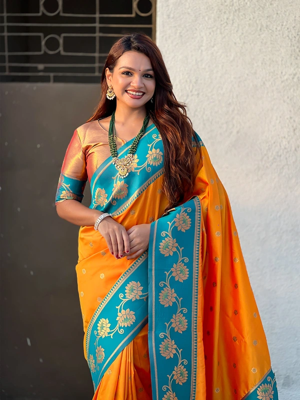 Lotus Paithani Soft Silk Saree with Gold Zari Floral Motifs & Meenakari Pallu - FREE, ORANGE
