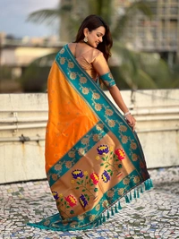 Lotus Paithani Soft Silk Saree with Gold Zari Floral Motifs & Meenakari Pallu - FREE, ORANGE