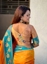 Lotus Paithani Soft Silk Saree with Gold Zari Floral Motifs & Meenakari Pallu - FREE, ORANGE