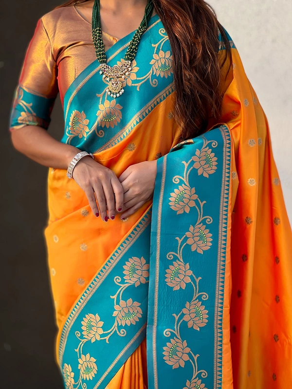 Lotus Paithani Soft Silk Saree with Gold Zari Floral Motifs & Meenakari Pallu - FREE, ORANGE