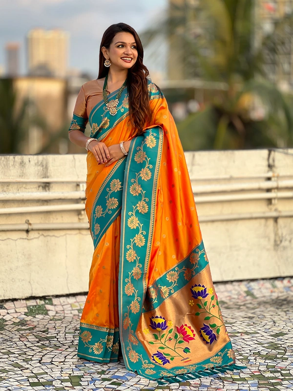 Lotus Paithani Soft Silk Saree with Gold Zari Floral Motifs & Meenakari Pallu - FREE, ORANGE