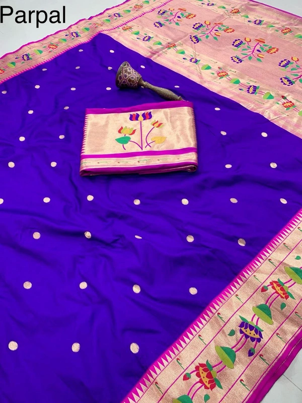 PAITHANI_HOUSE19 Lotus-Kinar Paithani Weave - Grand Zari Pallu and Flower Motifs - FREE, Purple