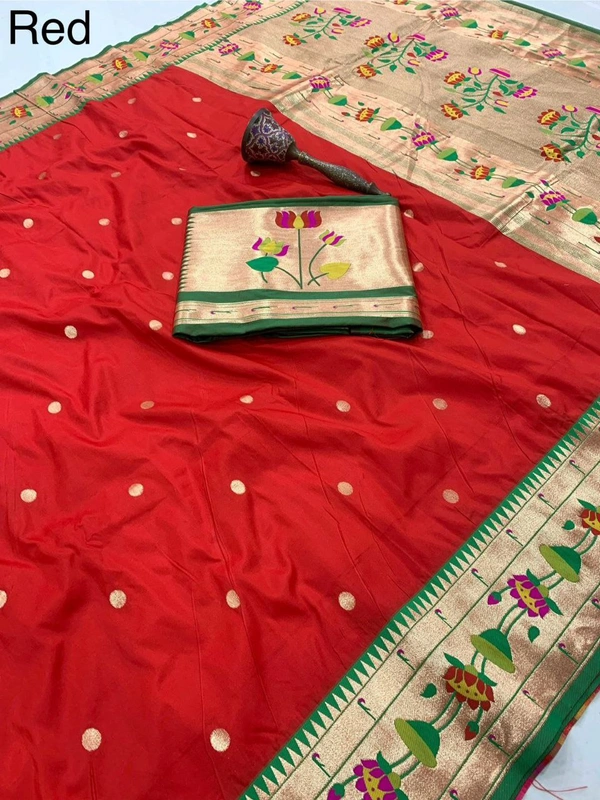 PAITHANI_HOUSE20 Lotus-Kinar Paithani Weave - Grand Zari Pallu and Flower Motifs - FREE, Red