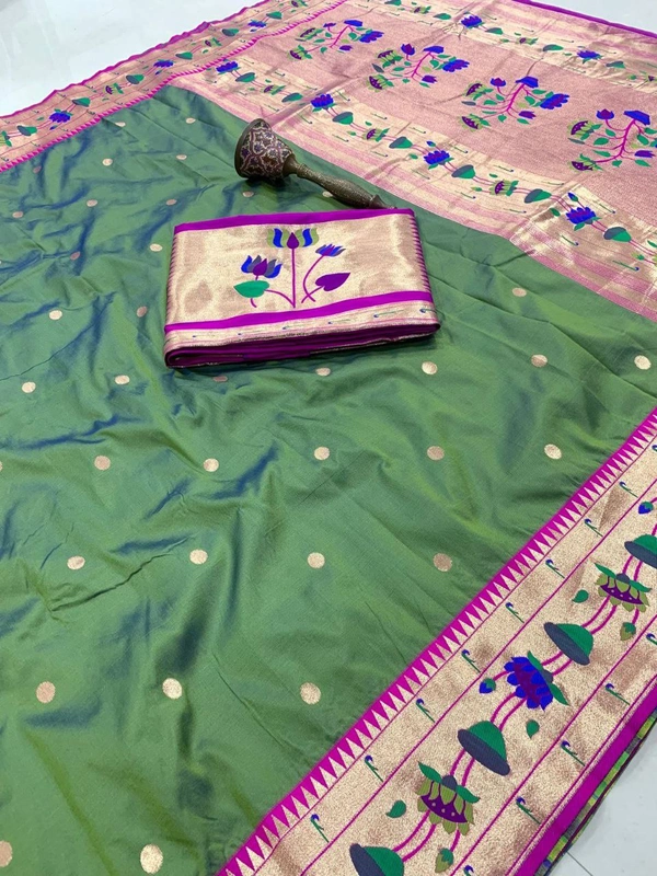 PAITHANI_HOUSE21 Lotus-Kinar Paithani Weave - Grand Zari Pallu and Flower Motifs - FREE, Moss green