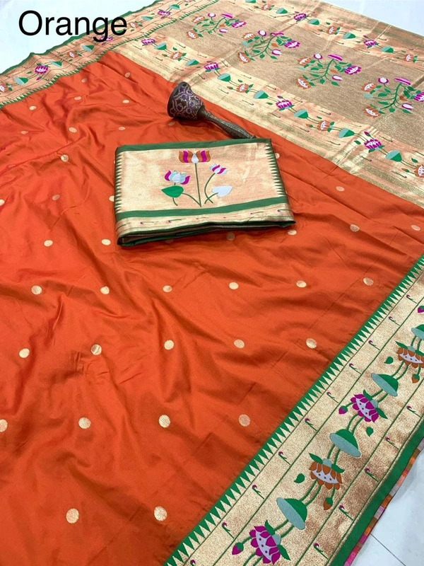 PAITHANI_HOUSE27 Lotus-Kinar Paithani Weave - Grand Zari Pallu and Flower Motifs - FREE, Orange