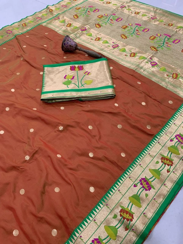 PAITHANI_HOUSE29 Lotus-Kinar Paithani Weave - Grand Zari Pallu and Flower Motifs - FREE, Rust Orange