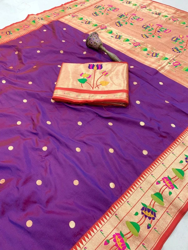PAITHANI_HOUSE30 Lotus-Kinar Paithani Weave - Grand Zari Pallu and Flower Motifs - FREE, Violet