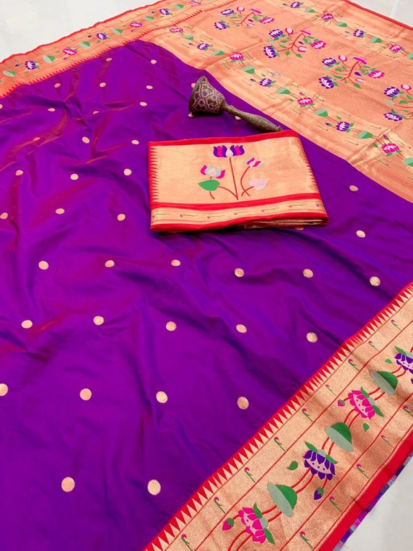 PAITHANI_HOUSE32 Lotus-Kinar Paithani Weave - Grand Zari Pallu and Flower Motifs - FREE, Rich Purple