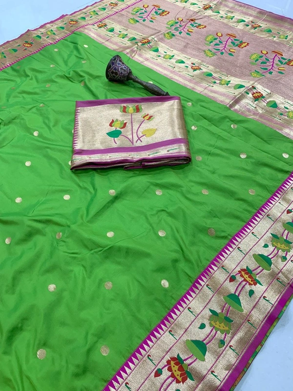 PAITHANI_HOUSE34 Lotus-Kinar Paithani Weave - Grand Zari Pallu and Flower Motifs - FREE, Lime Green