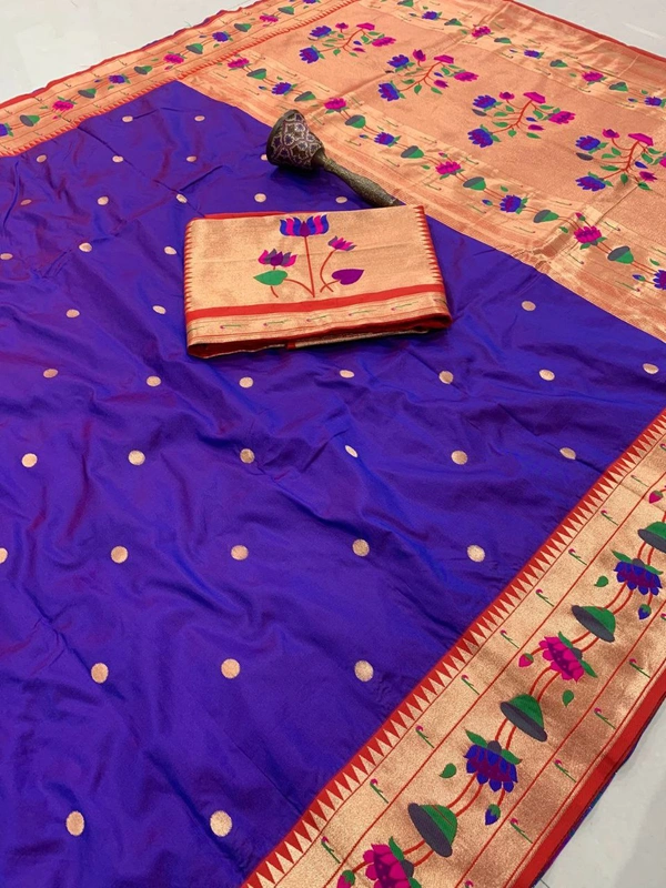 PAITHANI_HOUSE37 Lotus-Kinar Paithani Weave - Grand Zari Pallu and Flower Motifs - FREE, Purple
