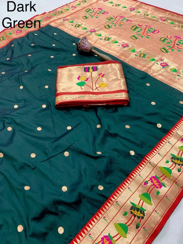 PAITHANI_HOUSE41 Lotus-Kinar Paithani Weave - Grand Zari Pallu and Flower Motifs - FREE, Dark Green