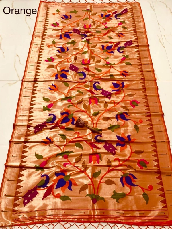 PAITHANI_HOUSE395 "Love Bird Silk Dupatta with Lotus Butti | 2.5m Soft Jari Fabric |" - Orange