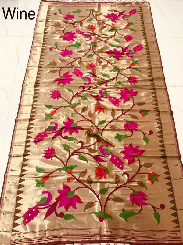 PAITHANI_HOUSE396 "Love Bird Silk Dupatta with Lotus Butti | 2.5m Soft Jari Fabric |" - Wine