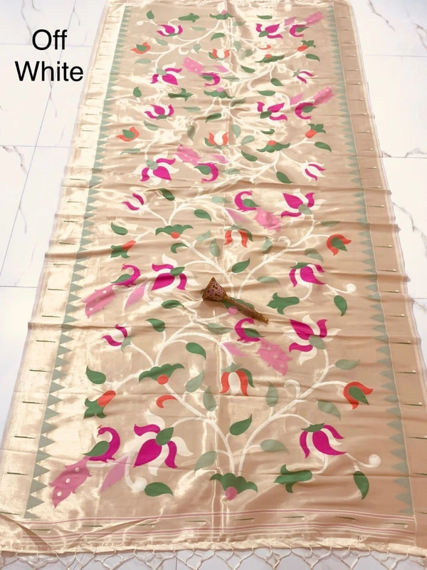 PAITHANI_HOUSE398 "Love Bird Silk Dupatta with Lotus Butti | 2.5m Soft Jari Fabric |" - Off White