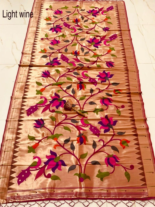 PAITHANI_HOUSE399 "Love Bird Silk Dupatta with Lotus Butti | 2.5m Soft Jari Fabric |" - Light Wine
