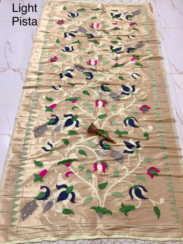 PAITHANI_HOUSE400 "Love Bird Silk Dupatta with Lotus Butti | 2.5m Soft Jari Fabric |" - Light Pista