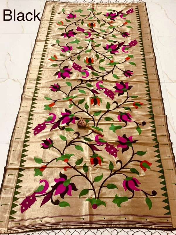 PAITHANI_HOUSE402 "Love Bird Silk Dupatta with Lotus Butti | 2.5m Soft Jari Fabric |" - black