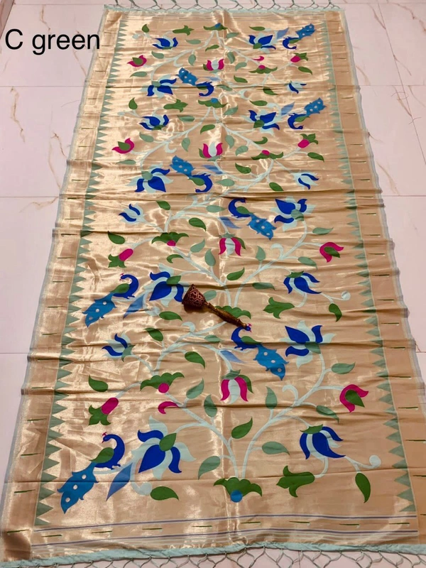 PAITHANI_HOUSE403 "Love Bird Silk Dupatta with Lotus Butti | 2.5m Soft Jari Fabric |" - C Green