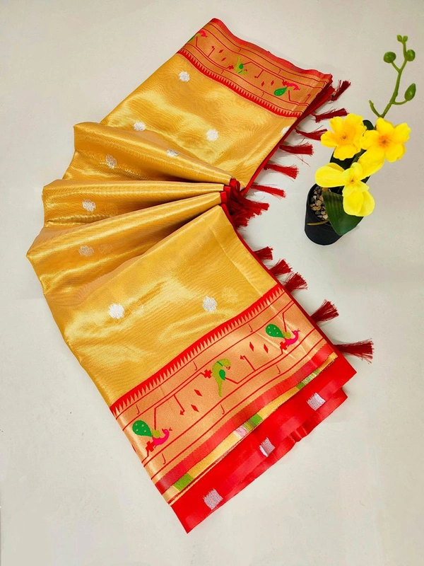 PAITHANI_HOUSE152 Luxurious Maharani Tissue Organza Saree | Mor Popat Pallu & Meena Work Border | Contrast Blouse - Golden Yellow