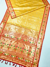 PAITHANI_HOUSE152 Luxurious Maharani Tissue Organza Saree | Mor Popat Pallu & Meena Work Border | Contrast Blouse - Golden Yellow