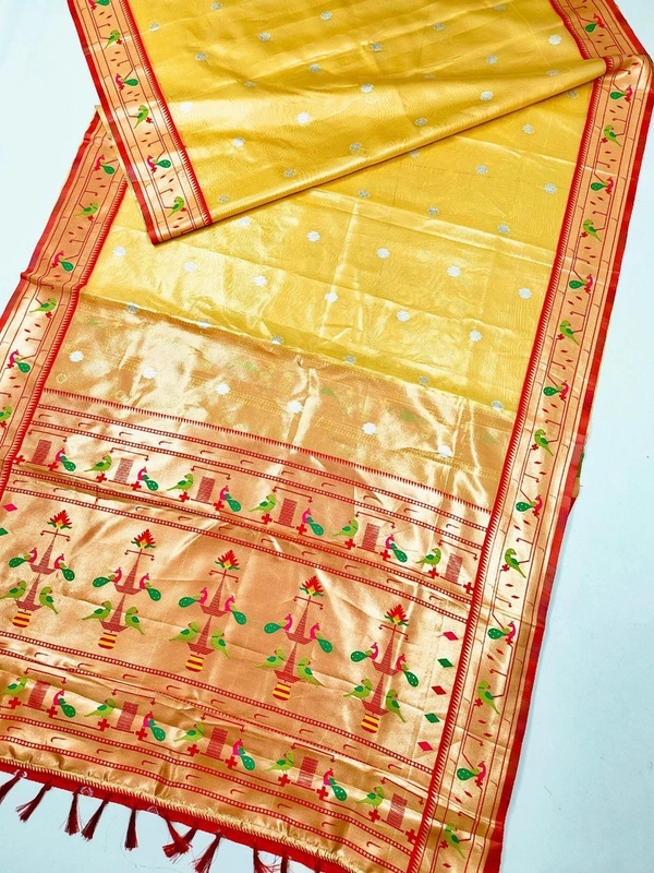 PAITHANI_HOUSE152 Luxurious Maharani Tissue Organza Saree | Mor Popat Pallu & Meena Work Border | Contrast Blouse - Golden Yellow