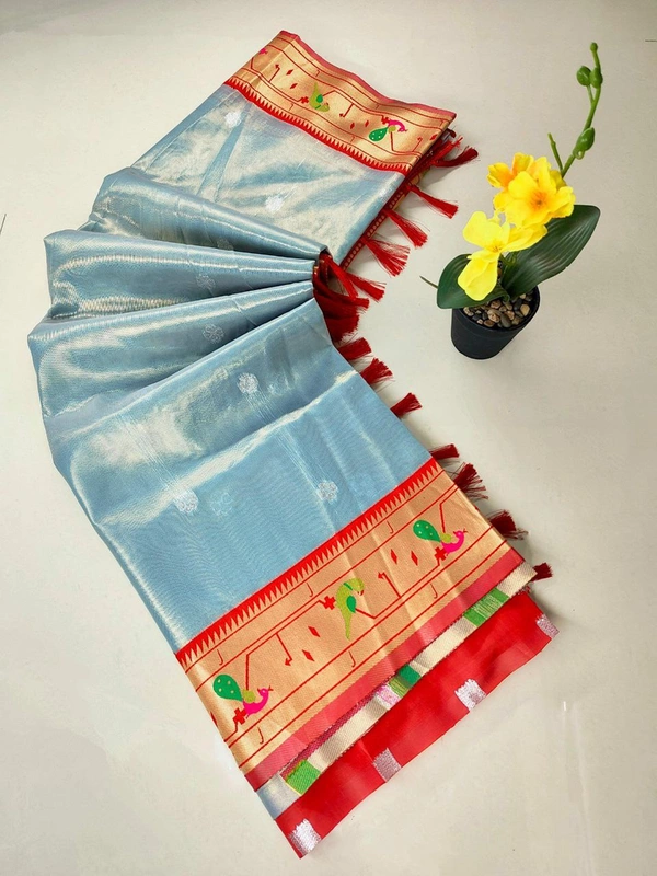 PAITHANI_HOUSE153 Luxurious Maharani Tissue Organza Saree | Mor Popat Pallu & Meena Work Border | Contrast Blouse - Ice Blue