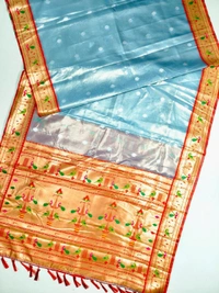 PAITHANI_HOUSE153 Luxurious Maharani Tissue Organza Saree | Mor Popat Pallu & Meena Work Border | Contrast Blouse - Ice Blue