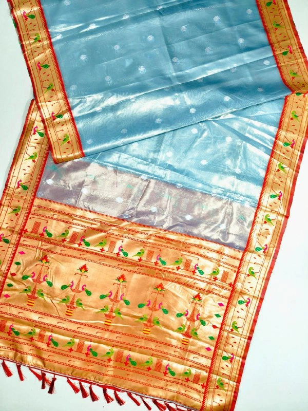 PAITHANI_HOUSE153 Luxurious Maharani Tissue Organza Saree | Mor Popat Pallu & Meena Work Border | Contrast Blouse - Ice Blue