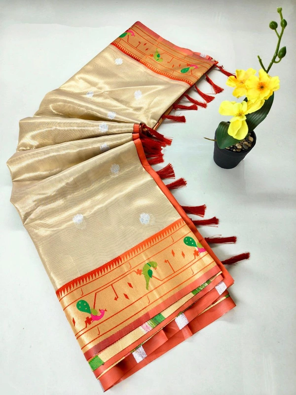 PAITHANI_HOUSE154 Luxurious Maharani Tissue Organza Saree | Mor Popat Pallu & Meena Work Border | Contrast Blouse - Beige Gold