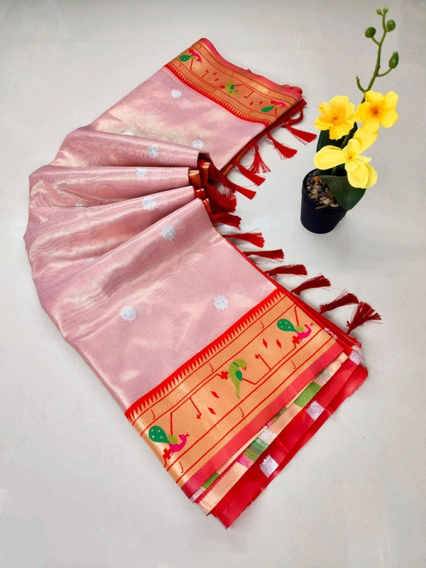 PAITHANI_HOUSE155 Luxurious Maharani Tissue Organza Saree | Mor Popat Pallu & Meena Work Border | Contrast Blouse - Baby Pink