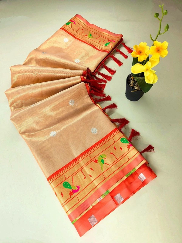 PAITHANI_HOUSE156 Luxurious Maharani Tissue Organza Saree | Mor Popat Pallu & Meena Work Border | Contrast Blouse - Light Copper