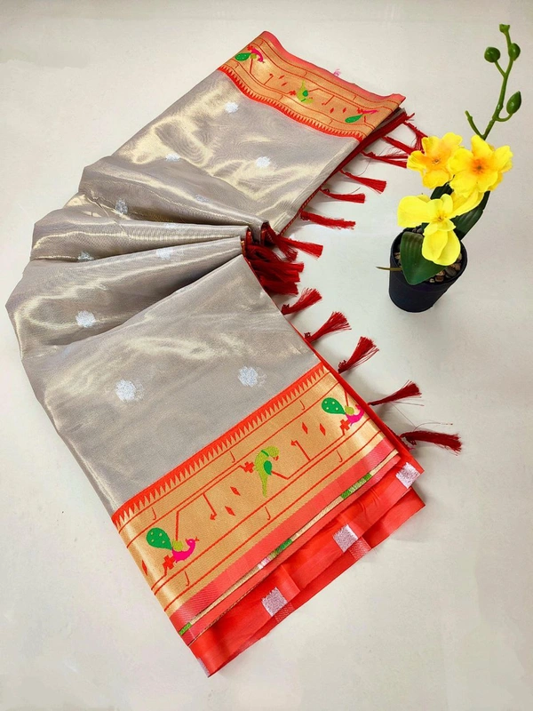 PAITHANI_HOUSE157 Luxurious Maharani Tissue Organza Saree | Mor Popat Pallu & Meena Work Border | Contrast Blouse - Metallic Grey
