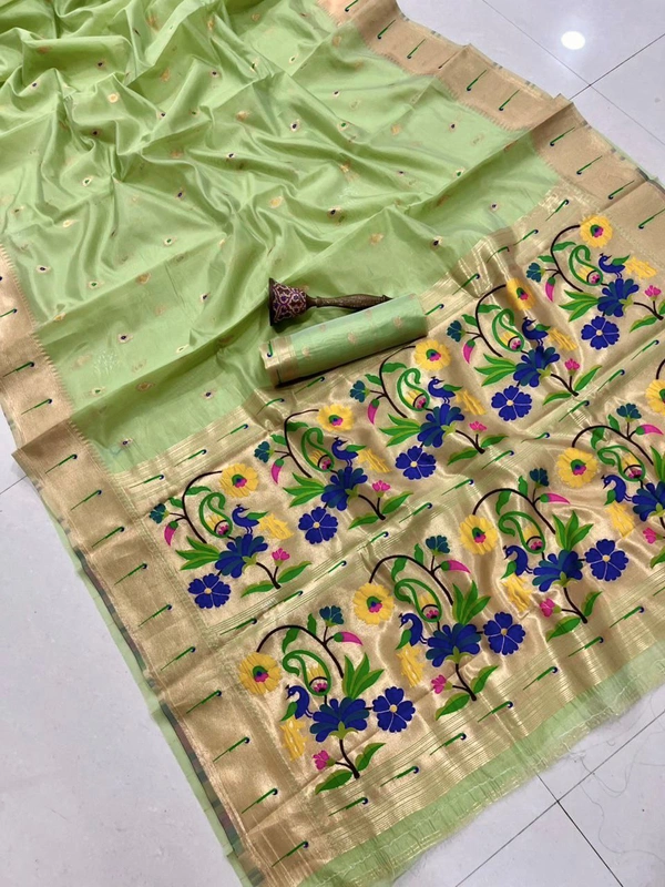 PAITHANI_HOUSE124 Luxurious Pure Organza Paithani Saree | Rich Zari Weaving Pallu | Best Quality - FREE, Light Pistachio Green