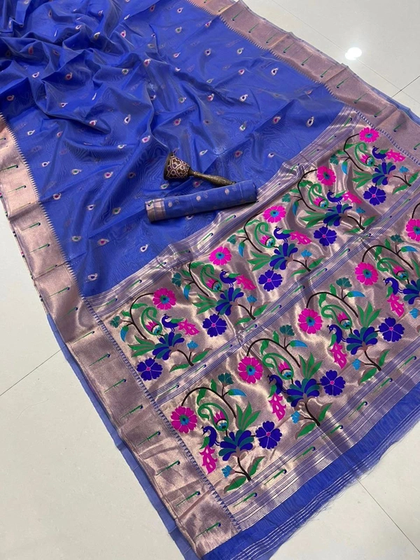 PAITHANI_HOUSE126 Luxurious Pure Organza Paithani Saree | Rich Zari Weaving Pallu | Best Quality - FREE, Bright Blue