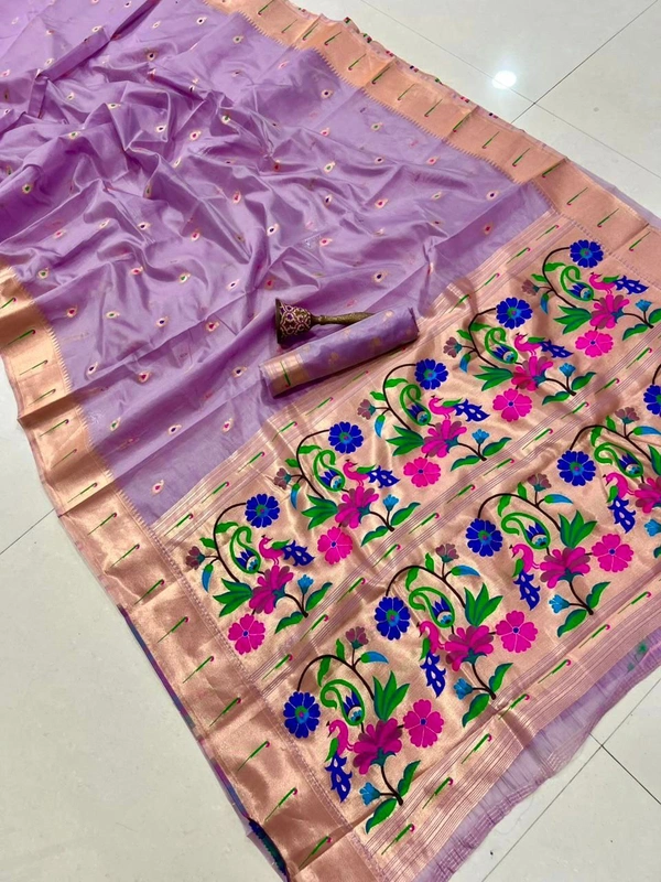 PAITHANI_HOUSE129 Luxurious Pure Organza Paithani Saree | Rich Zari Weaving Pallu | Best Quality - FREE, Light Lavender