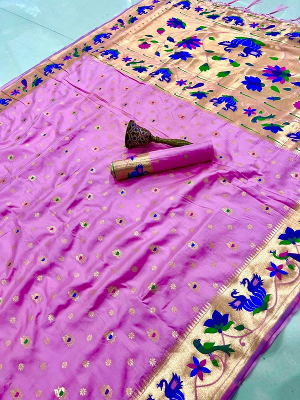 Luxurious  Silk Saree featuring Traditional Paithani Motifs and Contrast Border