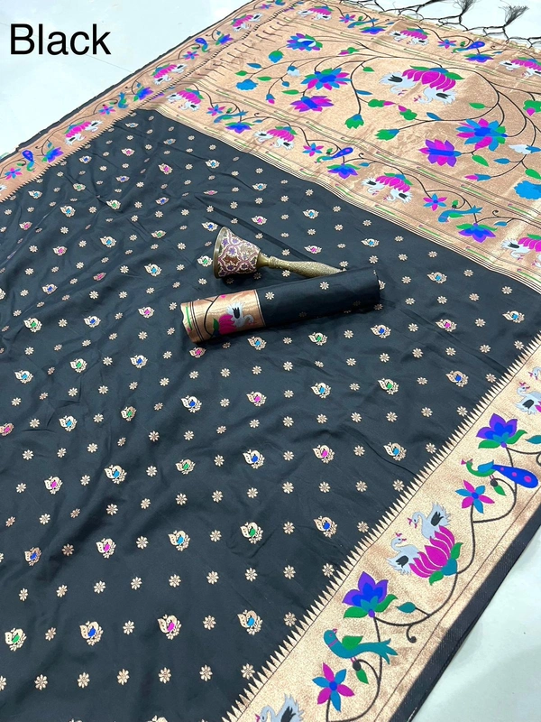 Luxurious  Silk Saree featuring Traditional Paithani Motifs and Contrast Border