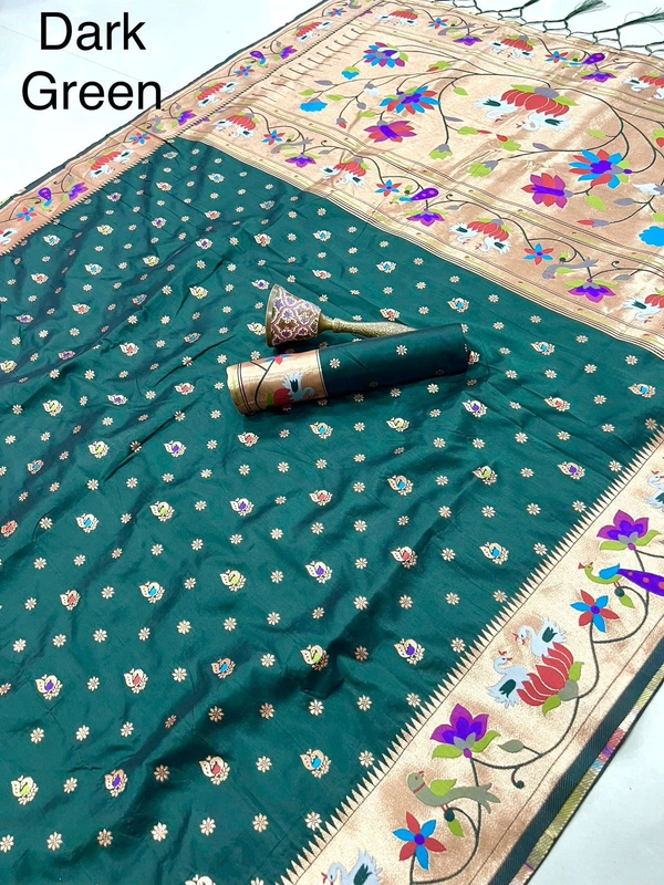 Luxurious  Silk Saree featuring Traditional Paithani Motifs and Contrast Border