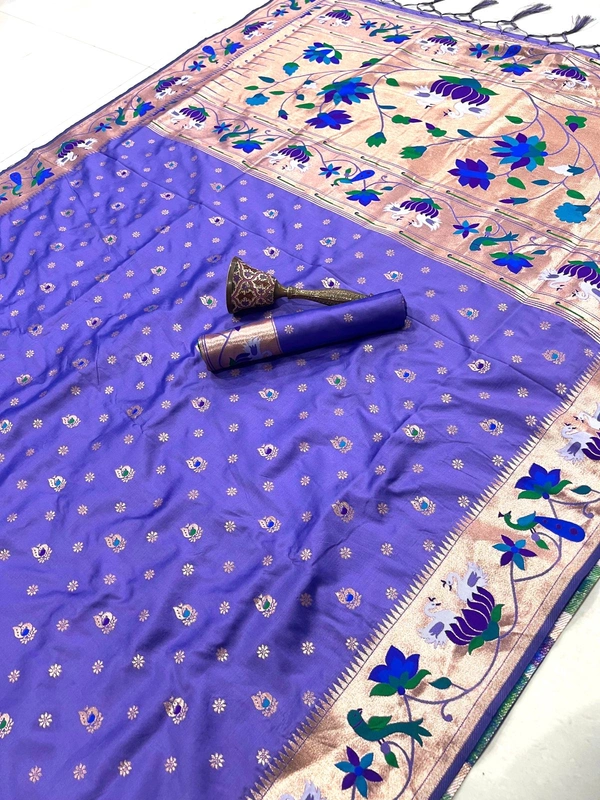 Luxurious  Silk Saree featuring Traditional Paithani Motifs and Contrast Border