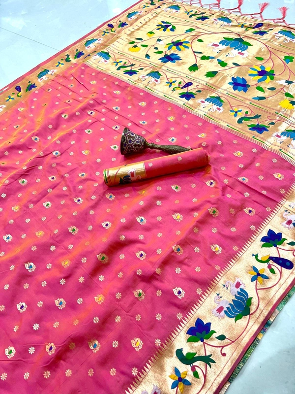 Luxurious  Silk Saree featuring Traditional Paithani Motifs and Contrast Border