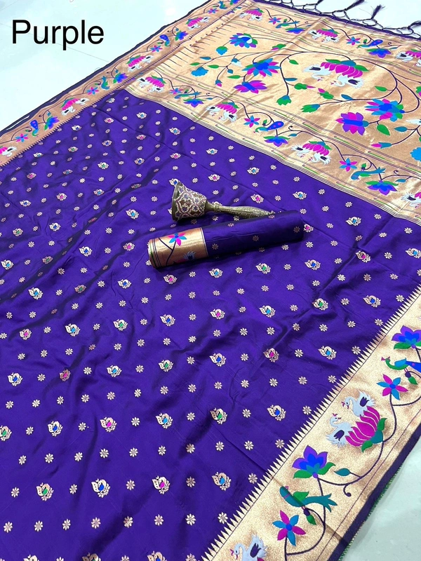 Luxurious  Silk Saree featuring Traditional Paithani Motifs and Contrast Border